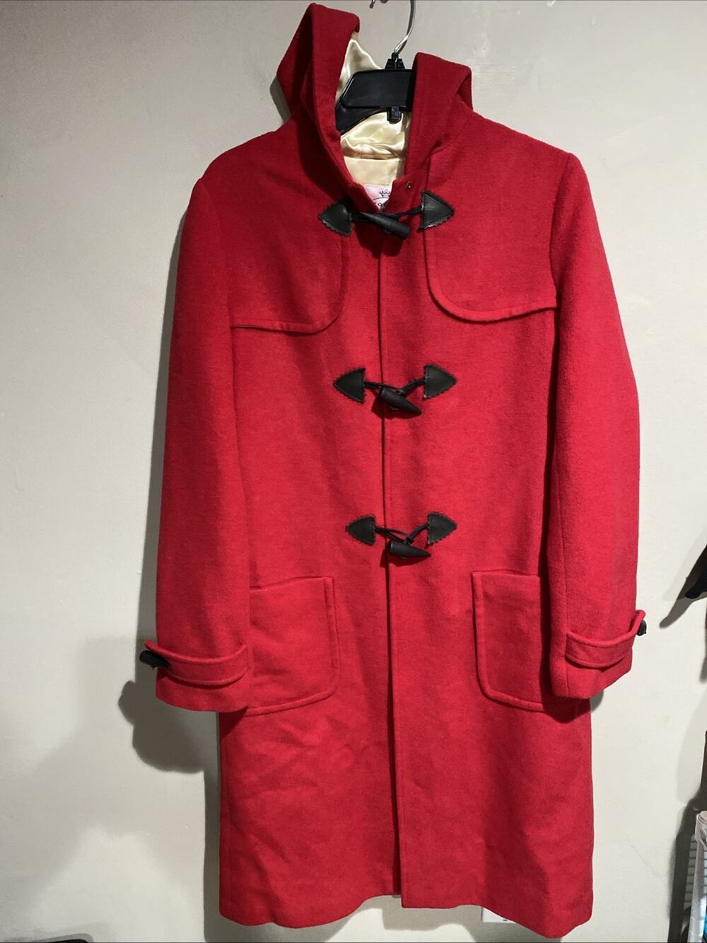 Vintage Tocca Red Wool & Cashmere Duffel Horn Toggle Closure Coat Hood Sz 8